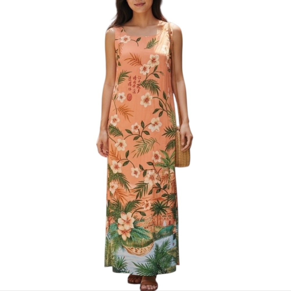 Baja Blue Orange Tropical Floral Maxi Dress Boho Beach Vacation Sz M